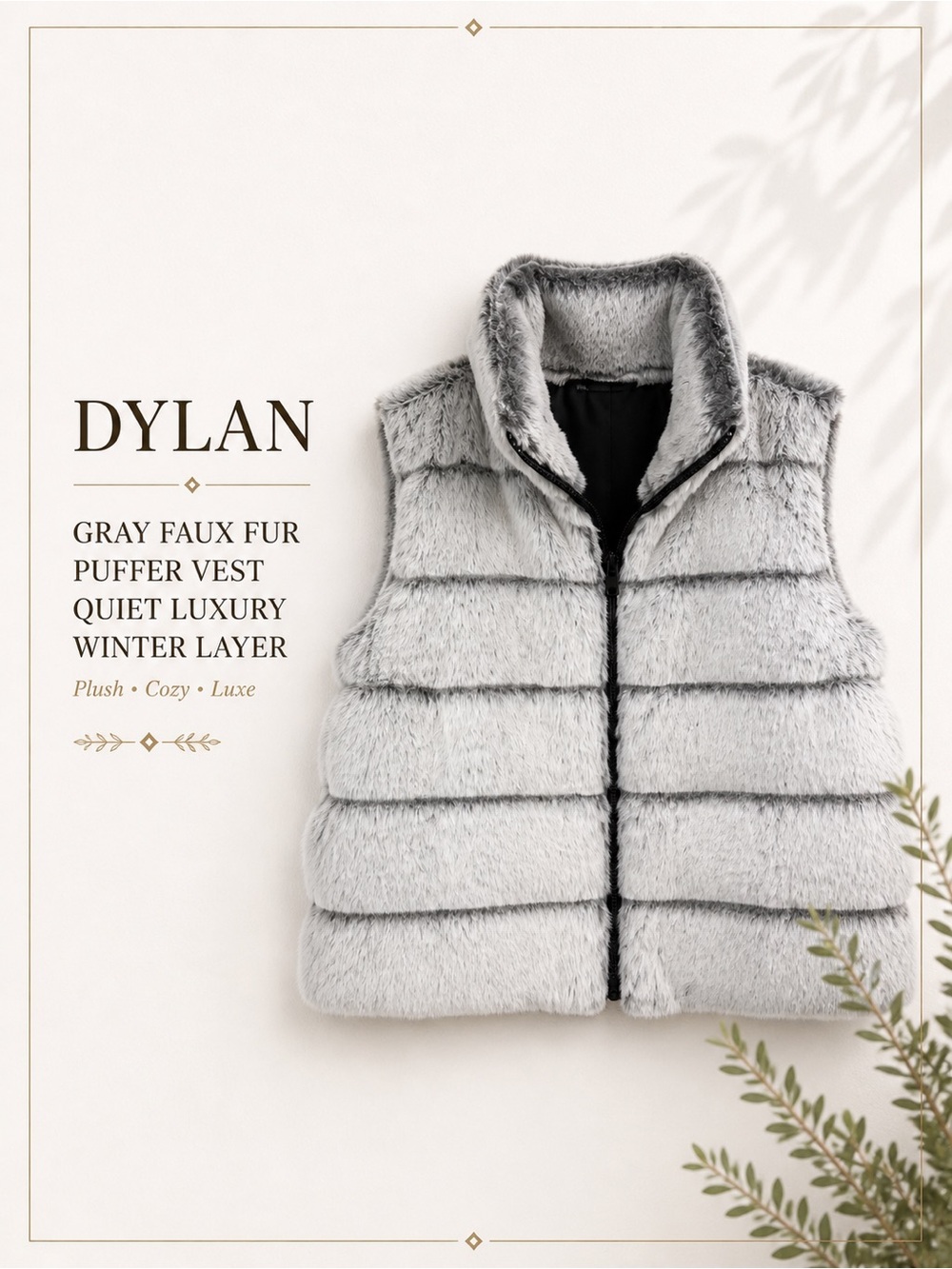 Dylan Gray Faux Fur Puffer Vest Quiet Luxury Glam Cozy Winter Layer XS